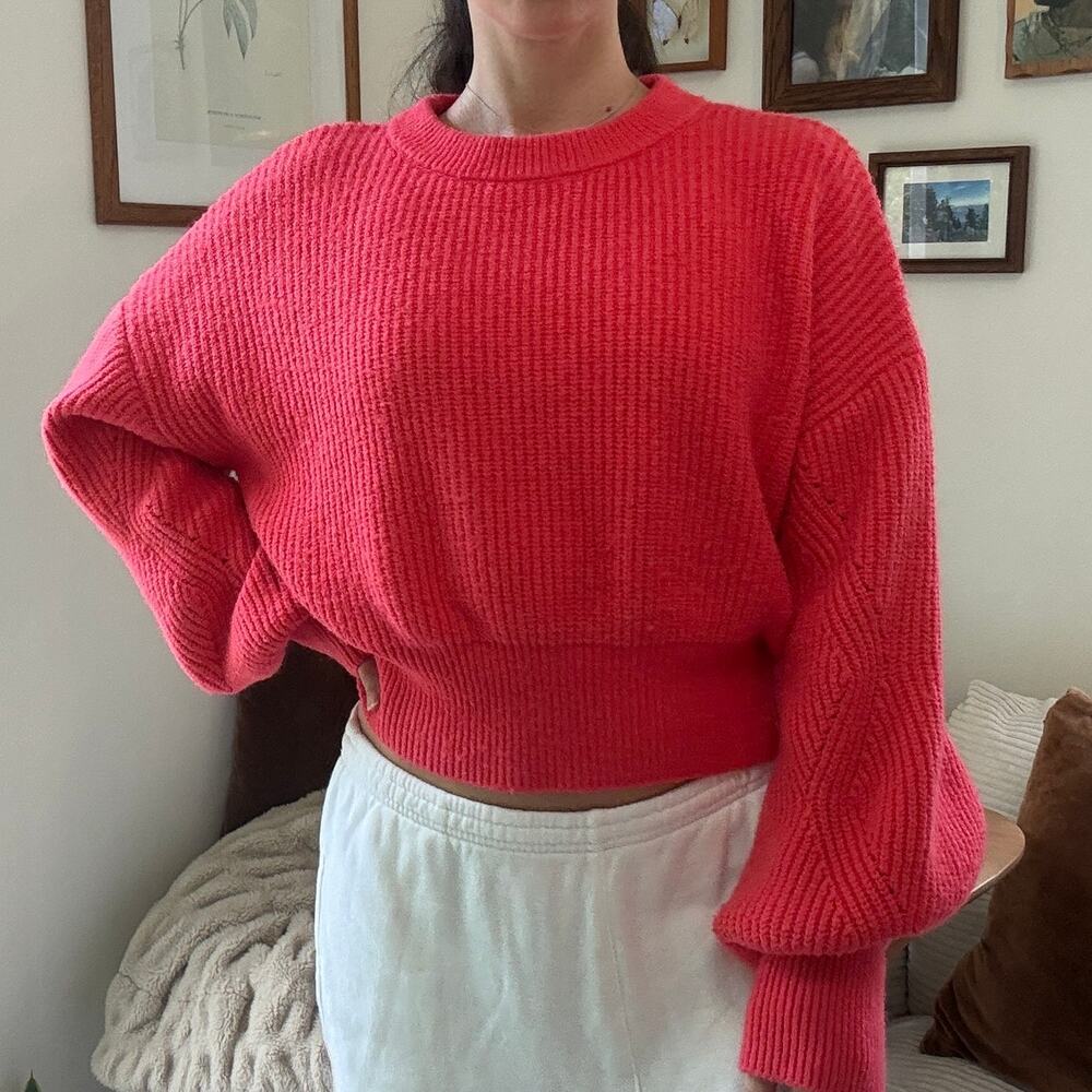 Spiritual Gangster Deep Pink Finley Balloon Sleeve Rib Knit Crew Sweater Size S
